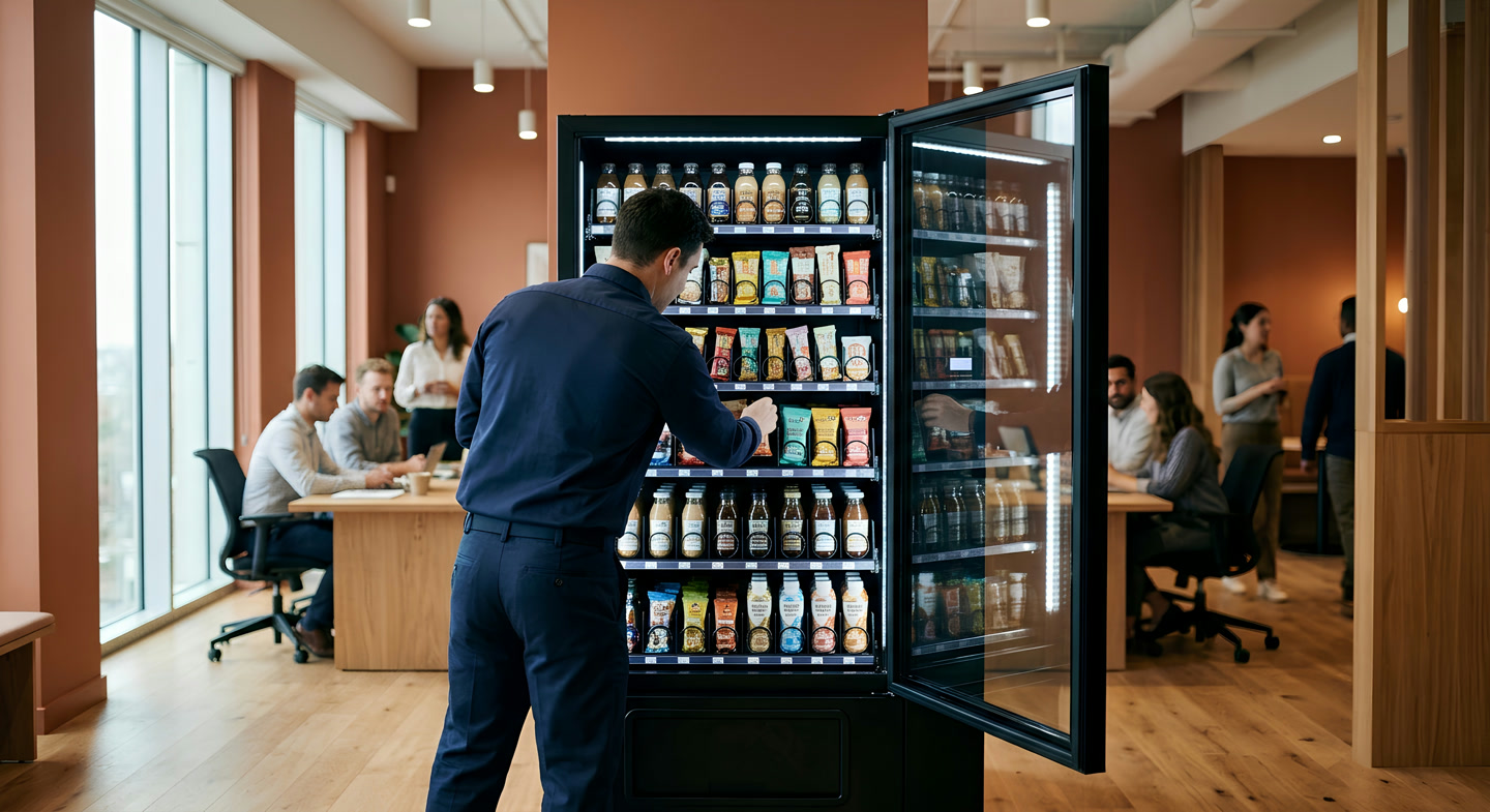 Honeypot Vending technician restocking a matte black machine in a modern office environment