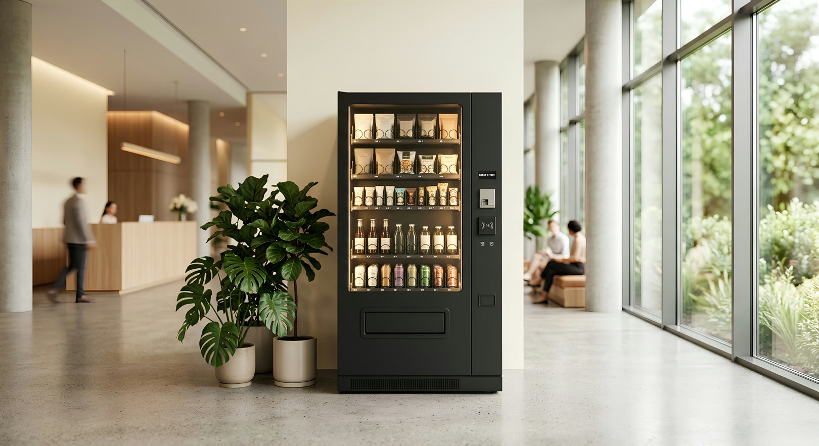 Matte black Honeypot Vending machine with premium drinks and snacks, placed in a contemporary building lobby with natural light and indoor plants